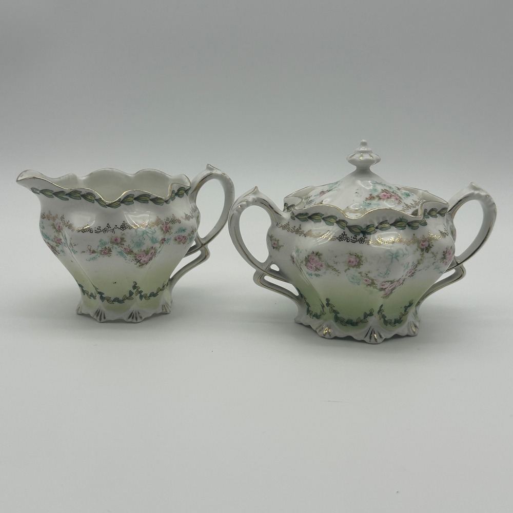 Antique RS Prussia Red Mark Creamer Sugar Bowl Set Pink Roses Floral Gold Trim